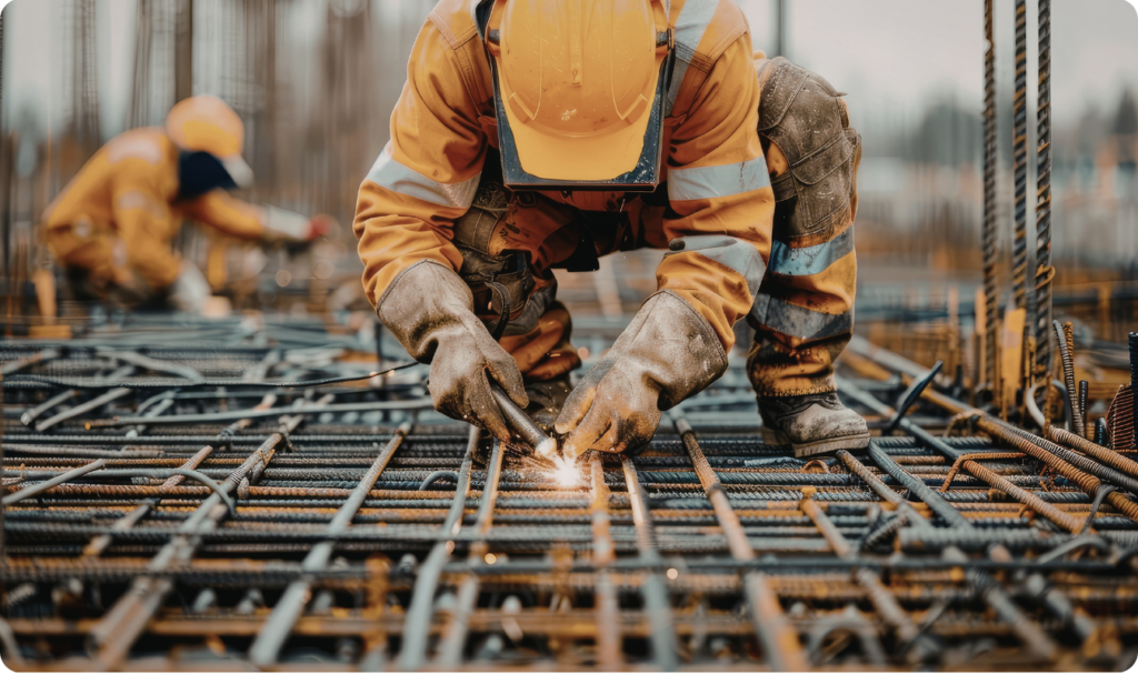 Trabalhador de construção civil agachado em um canteiro de obras, utilizando equipamentos de proteção e luvas para realizar soldagem em uma estrutura de vergalhões de aço. Faíscas brilhantes são visíveis no ponto de contato.