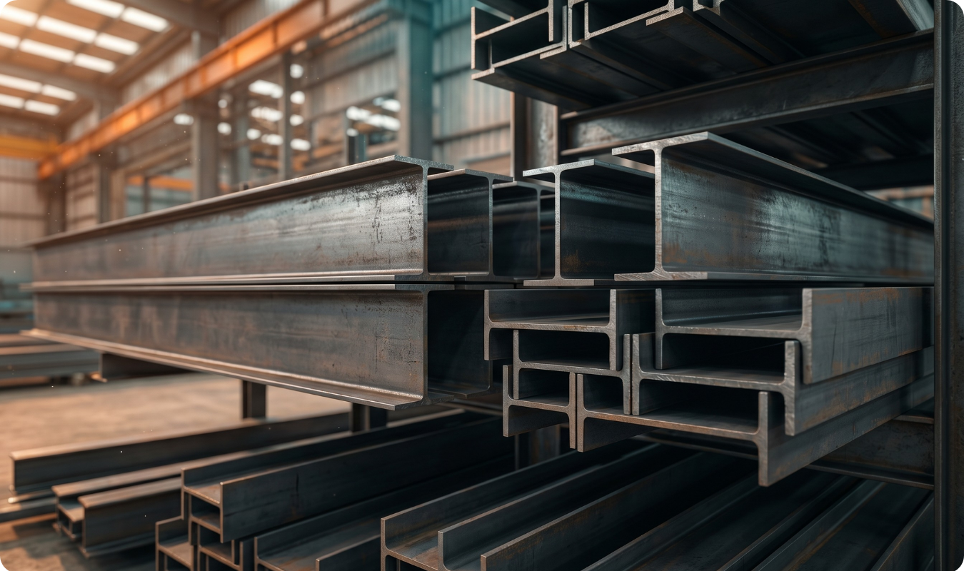 Pilha de perfis laminados de aço estrutural em formato de I e H, com textura metálica cinza escura e marcas de fabricação autênticas, armazenados em um galpão industrial iluminado. Ao fundo, a estrutura metálica de uma obra em construção com iluminação profissional, transmitindo robustez e precisão técnica.