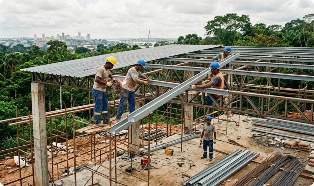 Operários da construção civil trabalhando na montagem de uma estrutura de cobertura em um canteiro de obras. A equipe está posicionada sobre andaimes, erguendo e instalando longos perfis de aço tipo U para formar as terças do telhado. No solo, pilhas de perfis metálicos aguardam utilização. Ao fundo, destaca-se a paisagem característica de Manaus, com a densa vegetação amazônica e a icônica Ponte Rio Negro no horizonte, ilustrando a aplicação prática e estrutural do material na região.