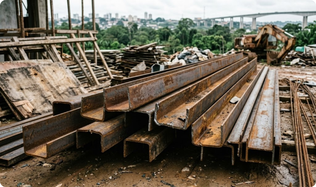 Pilha de perfis de aço tipo U com sinais visíveis de oxidação e ferrugem em um canteiro de obras ao ar livre. Ao fundo, uma paisagem urbana com vegetação, uma ponte e maquinário de construção sob um céu nublado.