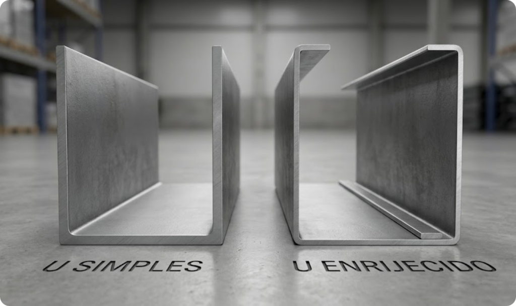 Comparativo visual entre dois perfis de aço em formato de U posicionados lado a lado sobre um piso industrial cinza. À esquerda, o "U Simples" apresenta abas com bordas retas e lisas. À direita, o "U Enrijecido" destaca-se pelas bordas com uma dobra interna adicional de 90 graus (o lábio de reforço). Abaixo de cada peça, as identificações "U SIMPLES" e "U ENRIJECIDO" estão gravadas no chão, evidenciando as diferenças geométricas fundamentais para a resistência estrutural.