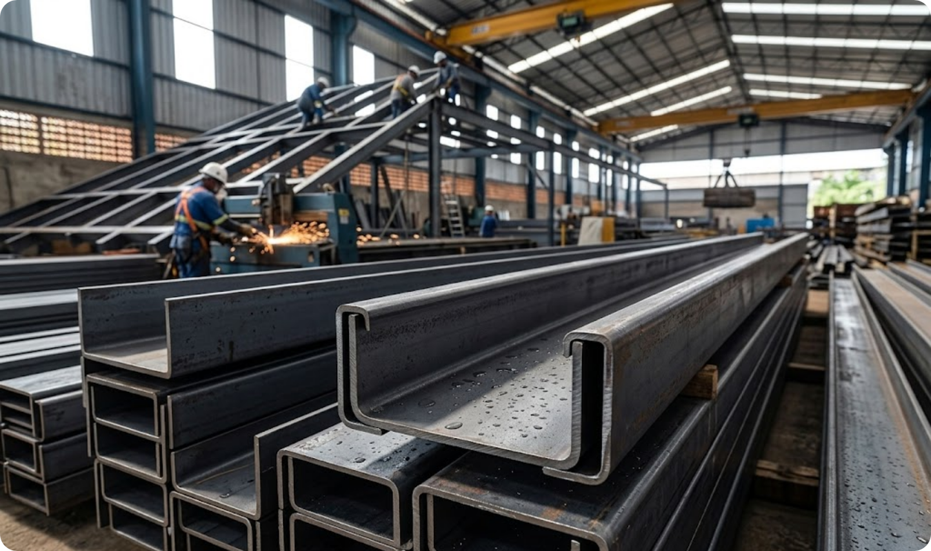 Pilha detalhada de perfis de aço tipo U em um armazém industrial organizado. A imagem destaca em primeiro plano o contraste entre o perfil U simples (abas lisas) e o perfil U enrijecido (com dobra de reforço nas extremidades). Ao fundo, operários trabalham em uma estrutura metálica sob iluminação natural, evidenciando a aplicação prática e a resistência dos materiais para grandes vãos e coberturas.
